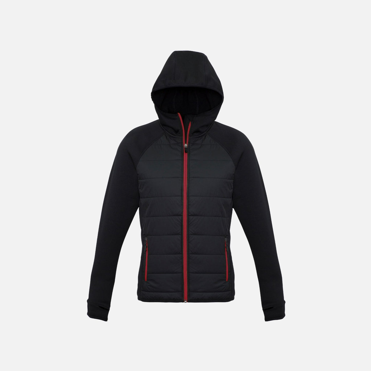 Veste zippée pour femme Biz J515L, en noir et rouge, vêtement à capuche élégant et décontracté.