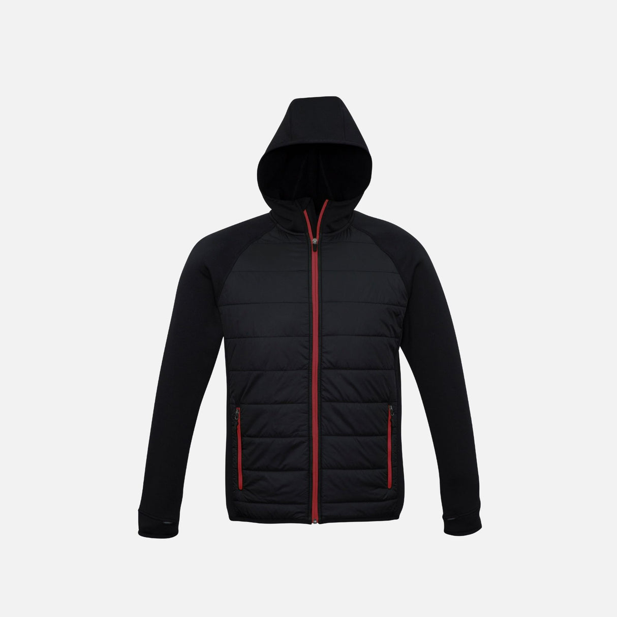 Veste zippée pour homme Biz J515M noir et rouge, vêtement avec capuche, style décontracté et moderne.
