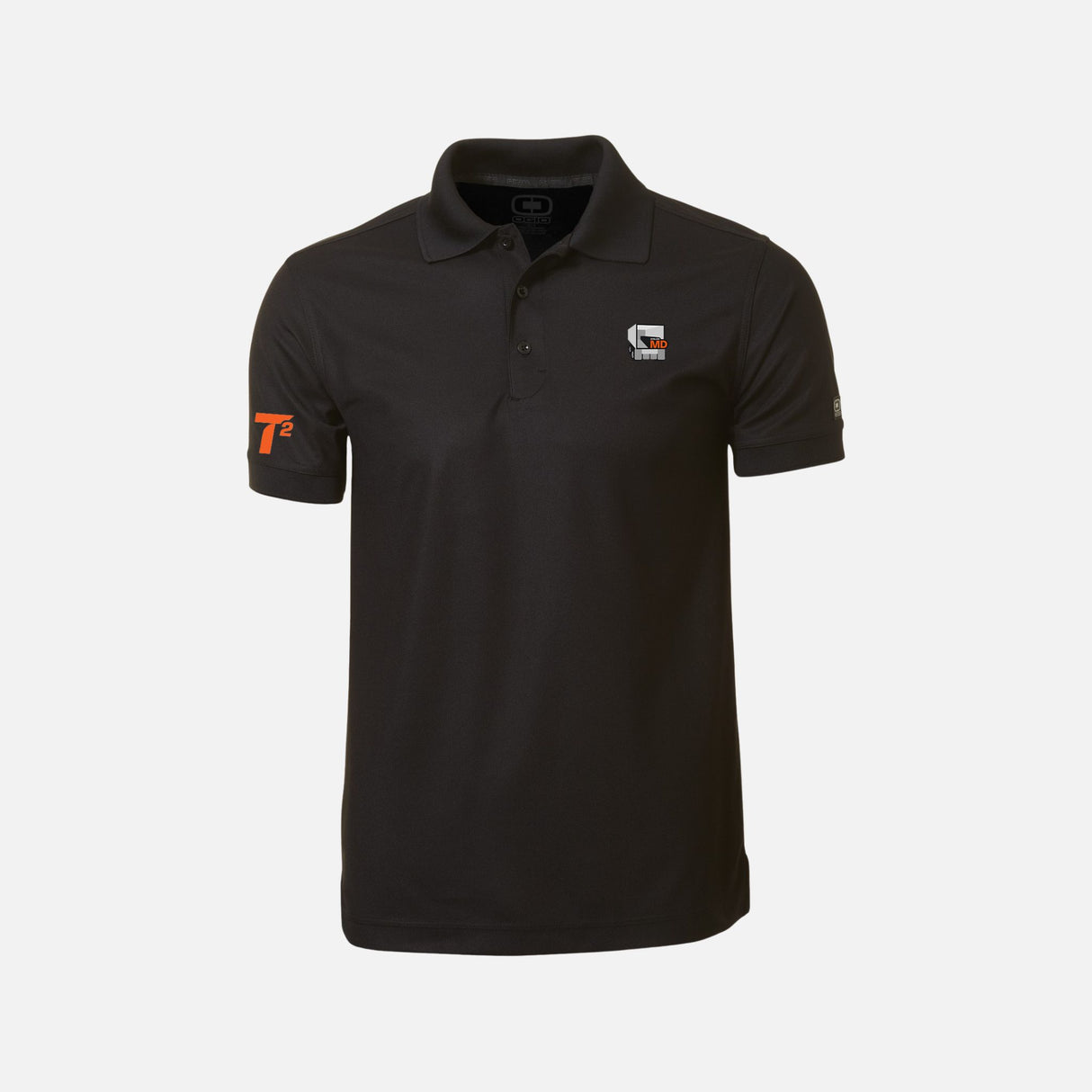Polo à manches courtes OGIO OG101 TD en coton bleu, détail du col et logo brodé sur la poitrine.