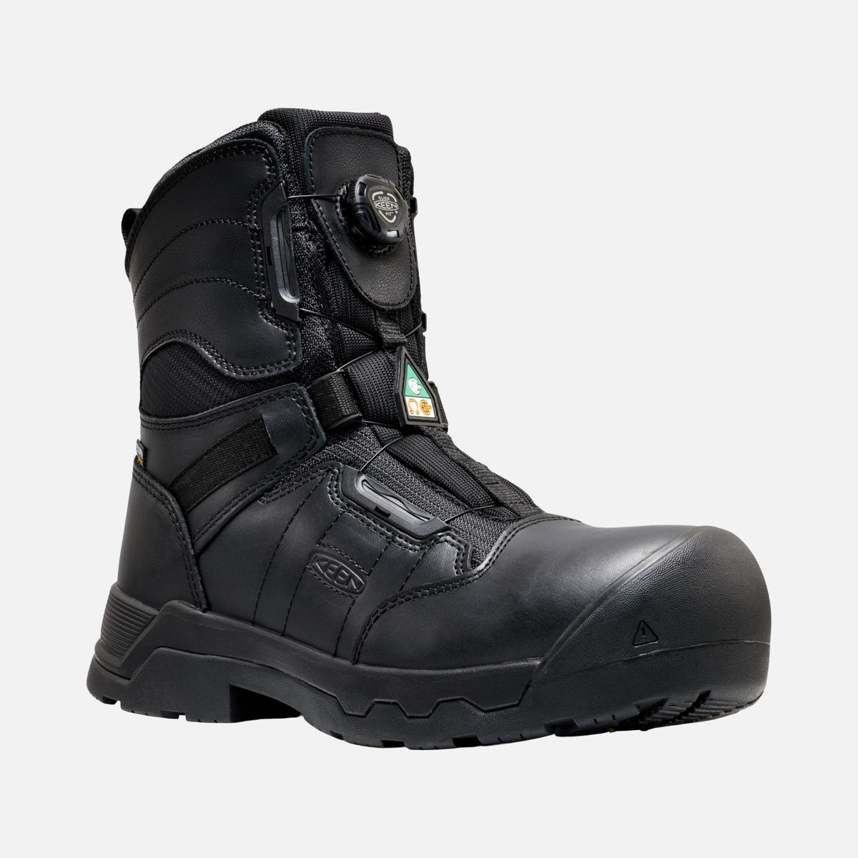 Bottes de travail Keen Oshawa imperméables et protectrices, 8 pouces, en noir, adaptées pour le travail en extérieur.