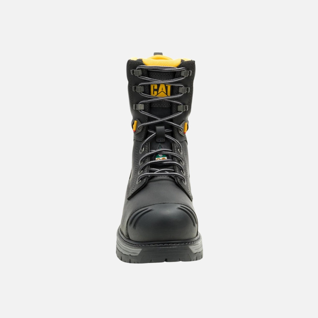 Bottes de travail noires Caterpillar 8 pouces, imperméables et stables, conçues pour l'excavation et les travaux lourds.