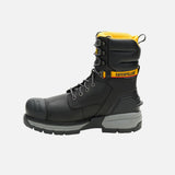 Bottes de travail Caterpillar 8 pouces, imperméables et stables, en cuir noir pour travaux exigeants.