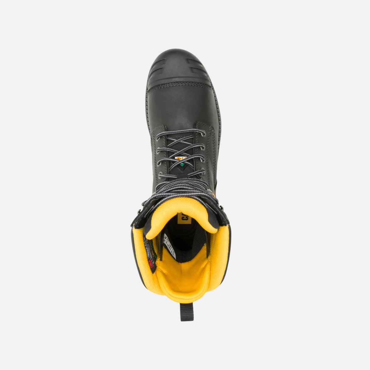 Bottes de travail Caterpillar 8 pouces noires, imperméables et stables, adaptées pour l'excavation et les travaux lourds.