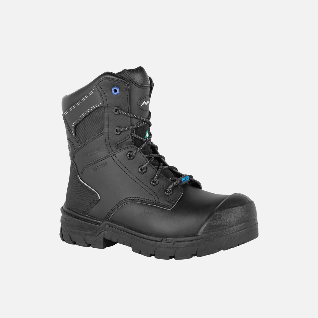 Bottes de travail noires Acton Driller, imperméables avec protection métatarsienne interne, adaptées aux travaux lourds.