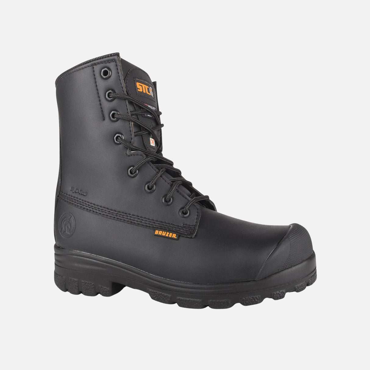 Bottes de travail STC noires avec embout en acier et semelle confortable, conçues pour la sécurité et la durabilité.