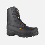 Bottes de travail STC noires avec embout en acier et semelle confortable, conçues pour la sécurité et la durabilité.