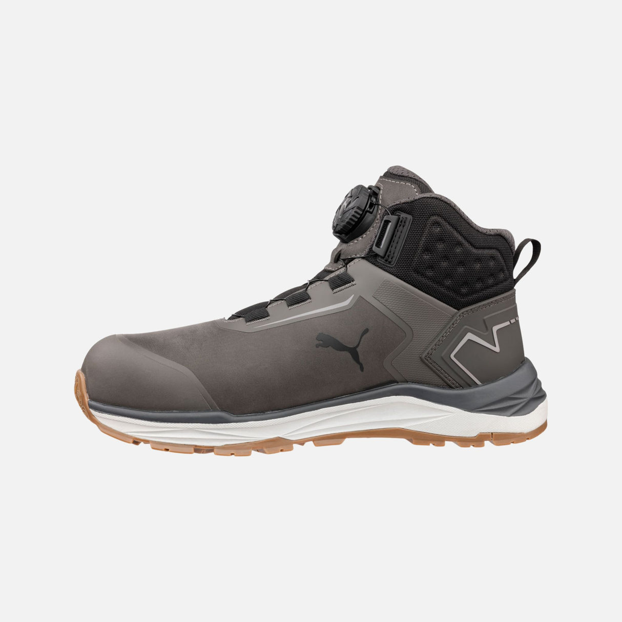 Bottes de travail Puma Fusion gris avec ajustement BOA et protection composite, vue de face.
