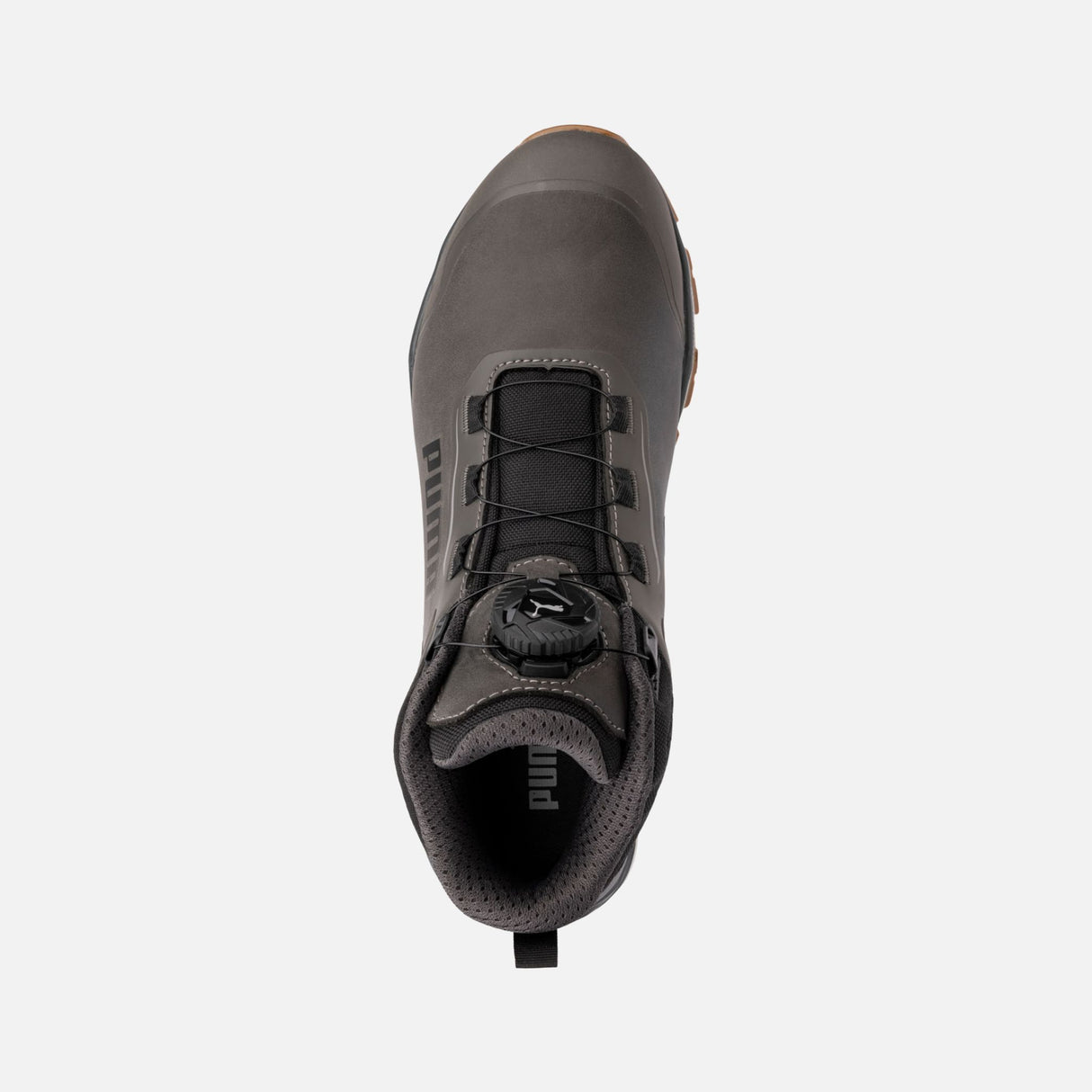 Bottes de travail Puma Fusion avec ajustement BOA et protection composite, gris, en cuir robuste et semelle antidérapante.