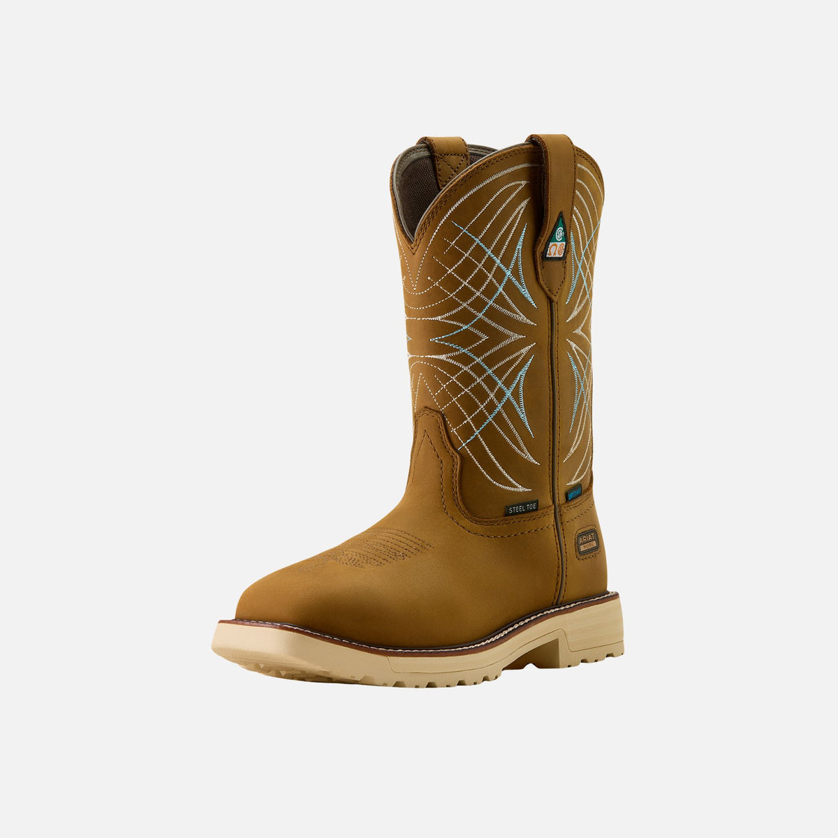 Bottes de travail pour femme Ariat en brun, imperméables et confortables, adaptées aux vêtements-manteaux.