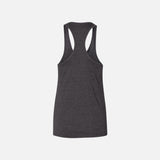 Camisole racerback gris foncé Bella + Canvas en coton, vêtement t-shirt corporel, vue de face sur fond blanc.