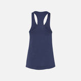 Camisole racerback Bella + Canvas bleu marine, t-shirt ajusté pour femmes, tissu doux, style décontracté.
