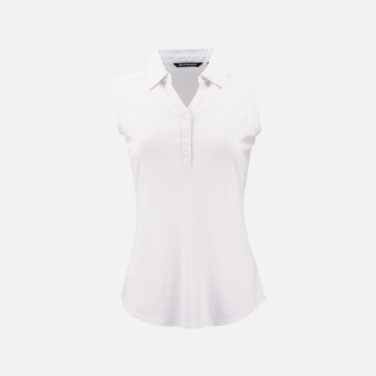 Camisole pour femme Cutter&Buck en coton blanc, vêtement-chandails, portée sur mannequin, détails du col polo élégant.