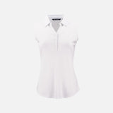 Camisole pour femme Cutter&Buck en coton blanc, vêtement-chandails, portée sur mannequin, détails du col polo élégant.