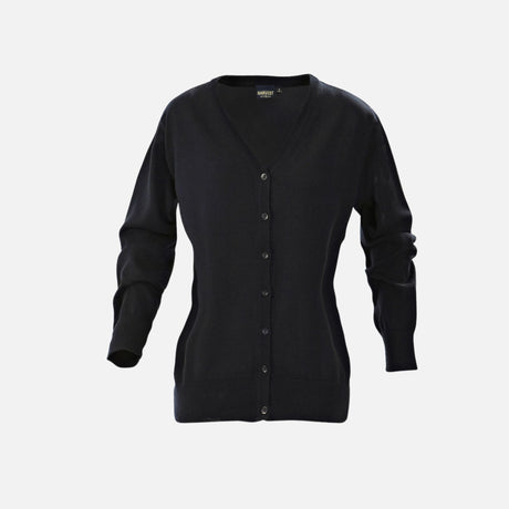 Cardiguan noir pour femme James Harvest avec boutons, vêtement veste courte en tissu doux, porté sur mannequin.