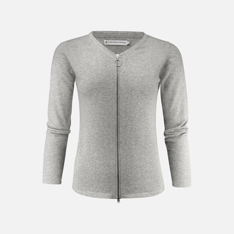 Cardiguan zippé en tricot gris pour femme de James Harvest, veste élégante et confortable pour toutes les saisons.