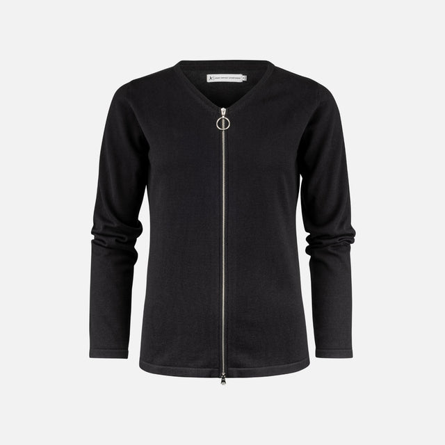 Cardigan zippé pour femme James Harvest en tricot noir, veste confortable et élégante pour toutes les occasions.