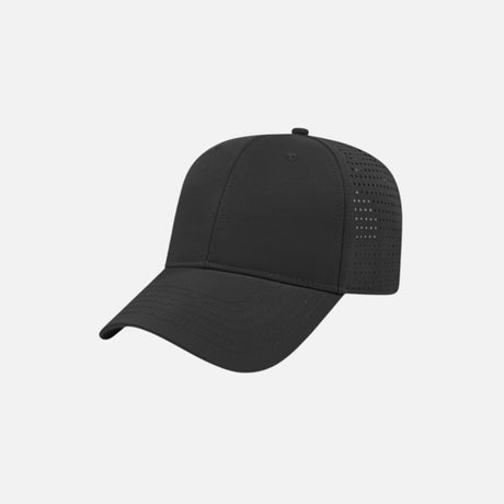Casquette en polyester perforé DML Creation, style américain noir, vue de face, détails respirants et broderie sur le devant.