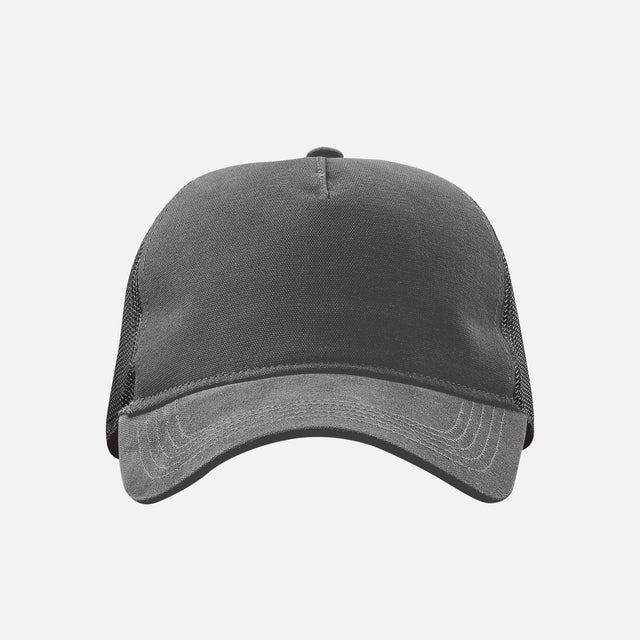 Casquette Stormtech à 5 panneaux en toile et filet gris, accessoire pour sports ou activités de plein air.