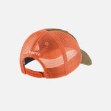Casquette de travail en toile avec dos en maille Carhartt orange, résistante et bien ventilée, pour un usage professionnel.