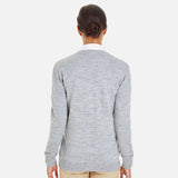 Cardigan boutonné gris Harriton, chandail en tricot pour homme, détail des boutons et texture douce visible.