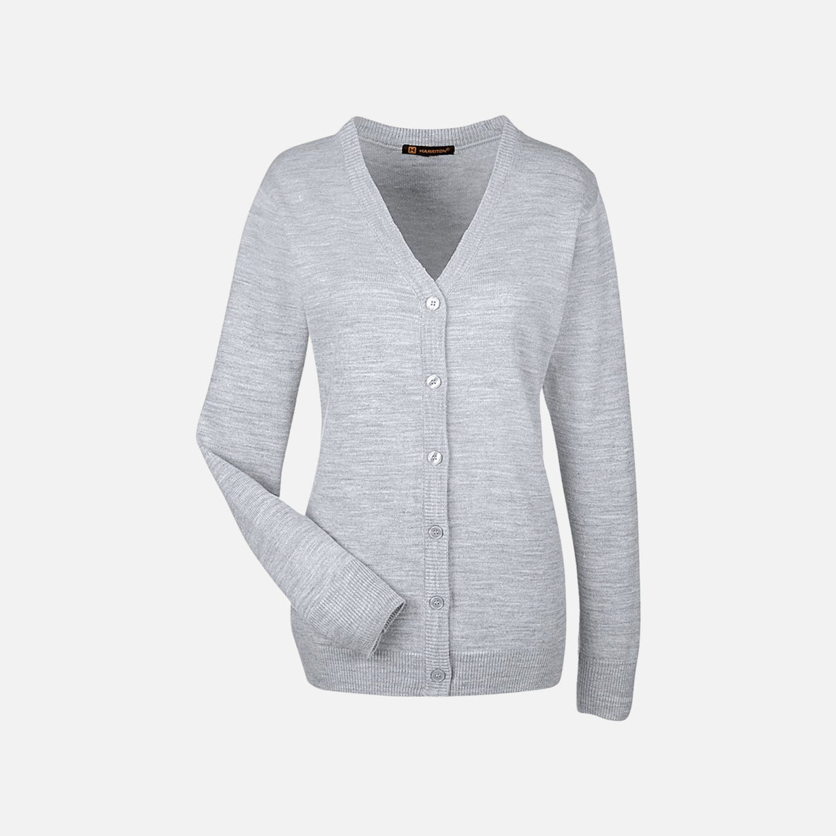 Chandail cardigan boutonné gris Harriton en maille, manches longues et boutons sur le devant, pour un style décontracté.