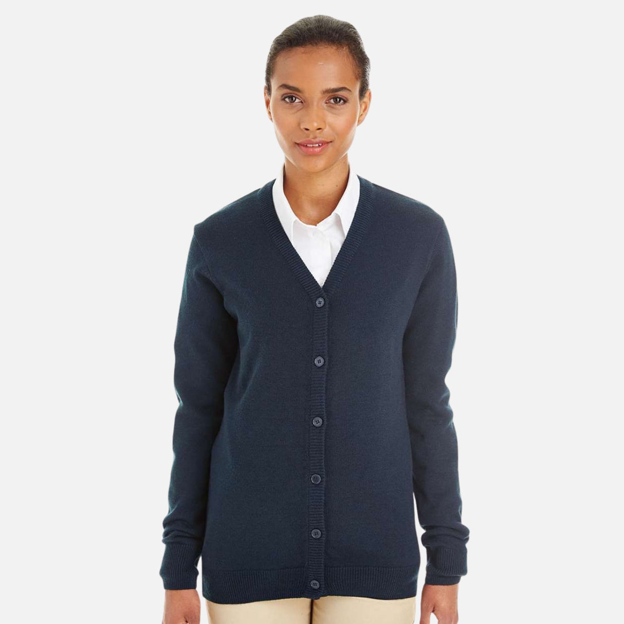 Cardigan à boutons Harriton en maille marine, chandail élégant pour homme, mode confortable et classique.