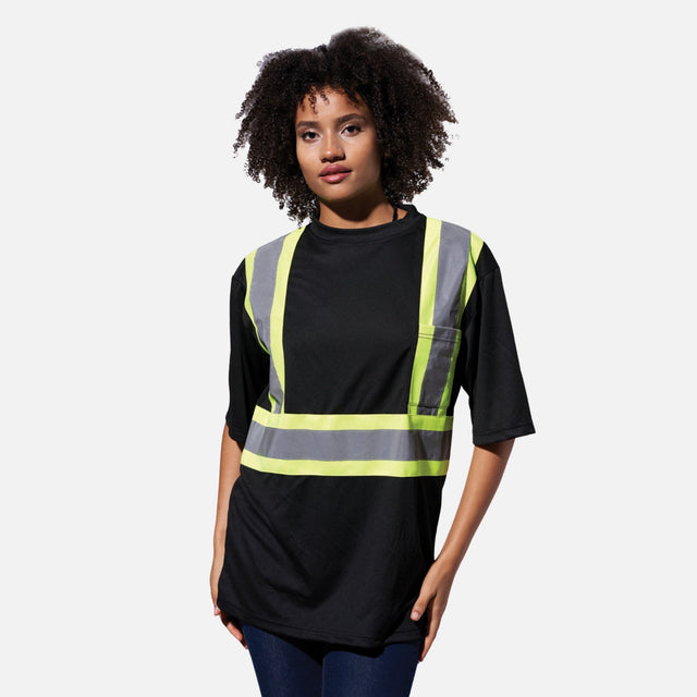 T-shirt hi-vis noir Primeguard pour sécurité, vêtement de visibilité avec bandes réfléchissantes, fabriqué par Canada Sportswear.