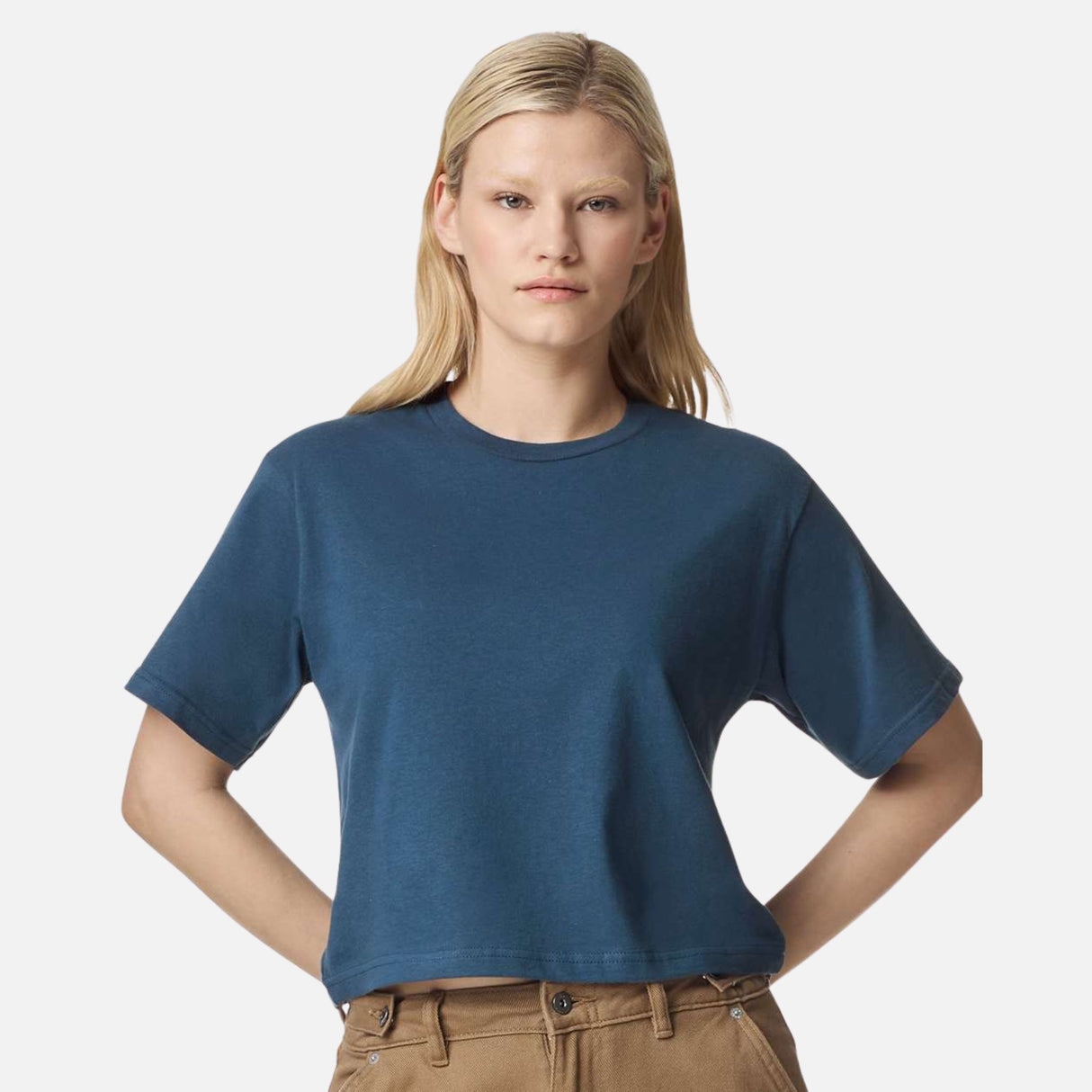 Chandail-manches-courtes-American-Apparel-102-bleu-devant-mannequin