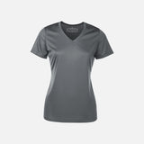 T-shirt performance pour femme avec col en V, manches courtes, en tissu léger de marque ATC, couleur charbon