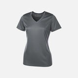 T-shirt femme à manches courtes ATC en tissu de performance, col en V, couleur charbon, vêtement de sport pour femmes