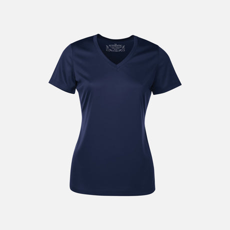 T-shirt performance pour femme ATC à col en V, manches courtes, tissu technique marine, idéal pour sport et confort.
