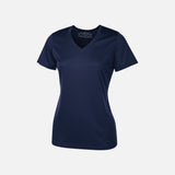 T-shirt performance pour femme ATC à manches courtes, col en V, tissu technique bleu marine, vêtements sportifs pour femmes