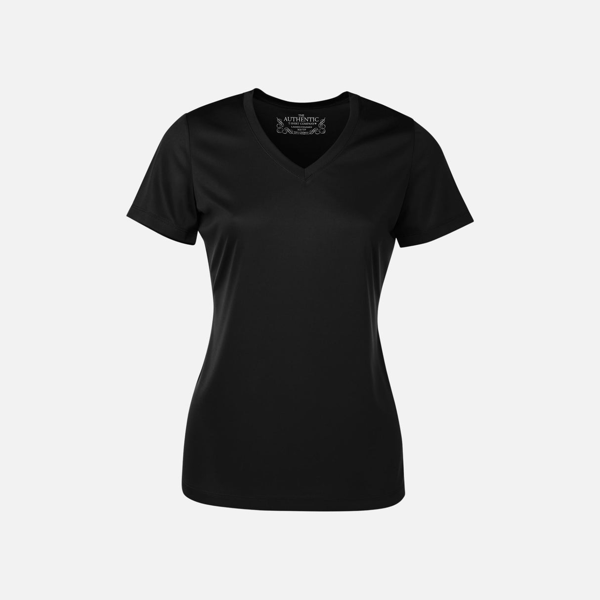 T-shirt performance pour femme ATC, manches courtes, col en V, en tissu noir, vêtement de sport et loisirs.