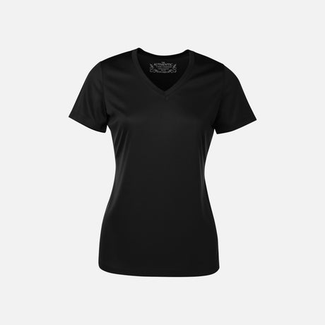 T-shirt performance pour femme ATC, manches courtes, col en V, en tissu noir, vêtement de sport et loisirs.