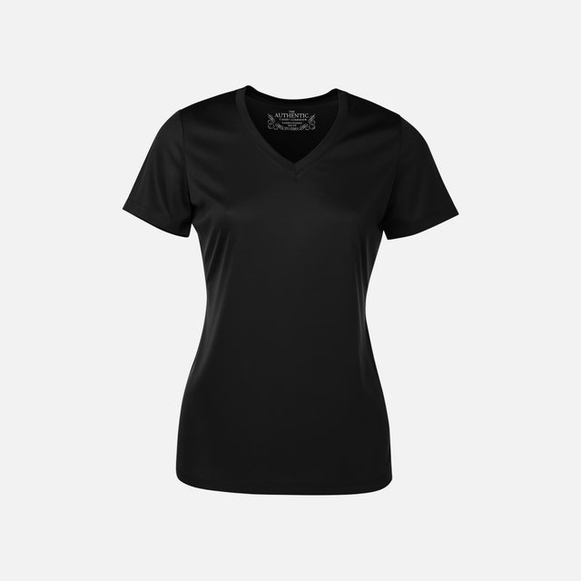T-shirt performance pour femme ATC, manches courtes, col en V, en tissu noir, vêtement de sport et loisirs.