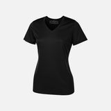 T-shirt femme à manches courtes ATC, performance, col en V, tissu noir, vêtement sportif pour femme.