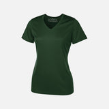 T-shirt performance pour femme ATC à manches courtes, col en V, tissu vert forêt, vêtement de sport et de détente.