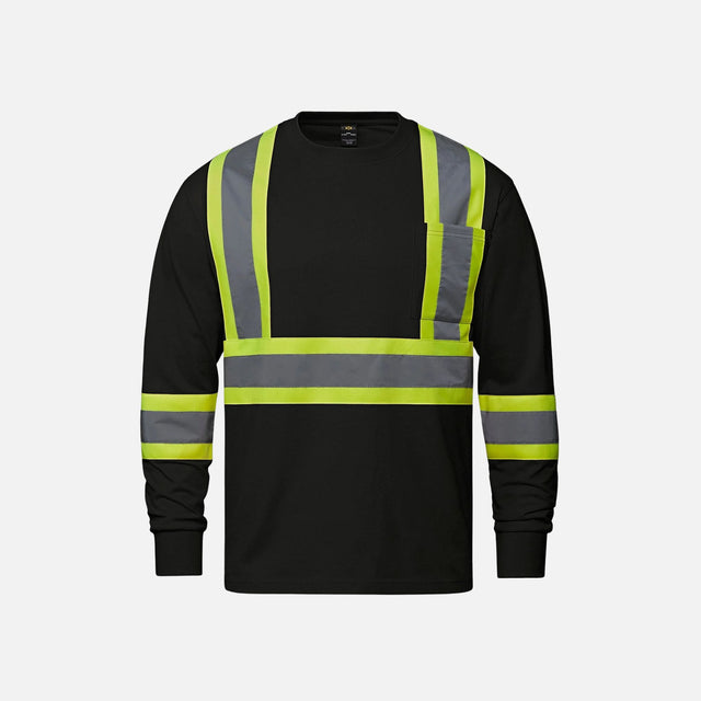 Chandail à manches longues haute visibilité noir pour sécurité, fabriqué par Canada Sportswear, idéal pour le travail en extérieur.