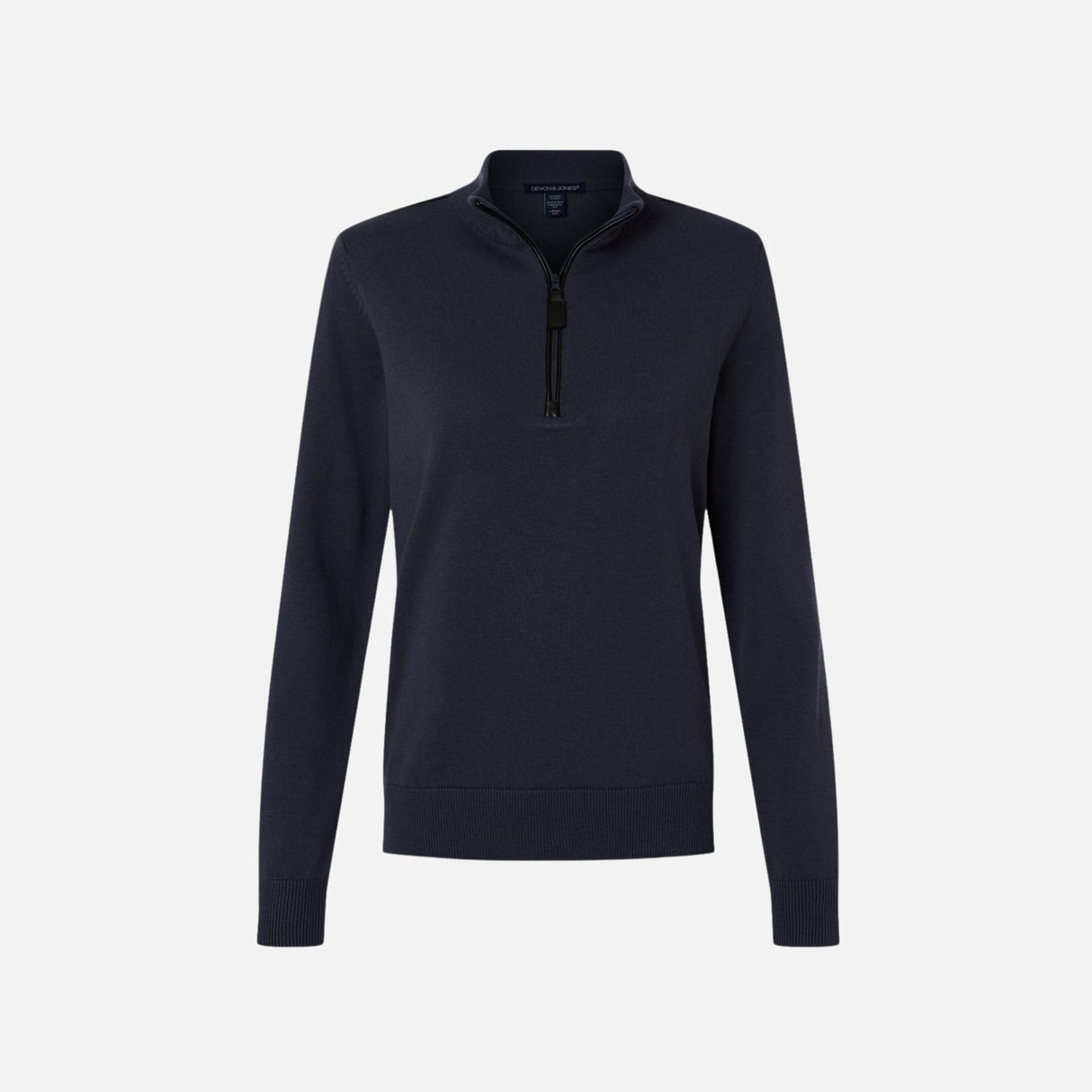 Chandail 1/4 zip pour femme Devon & Jones en marine, vêtement confortable et élégant, tissu doux et respirant.