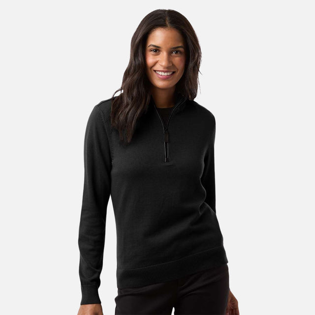 Chandail 1/4 zip pour femme Devon & Jones, noir, en laine douce, parfait pour un style élégant et confortable.