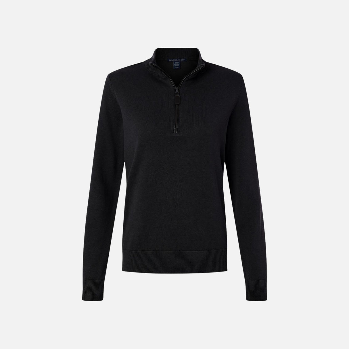 Chandail 1/4 zip pour femme Devon & Jones, élégant et confortable, en noir, vêtement décontracté à col montant.