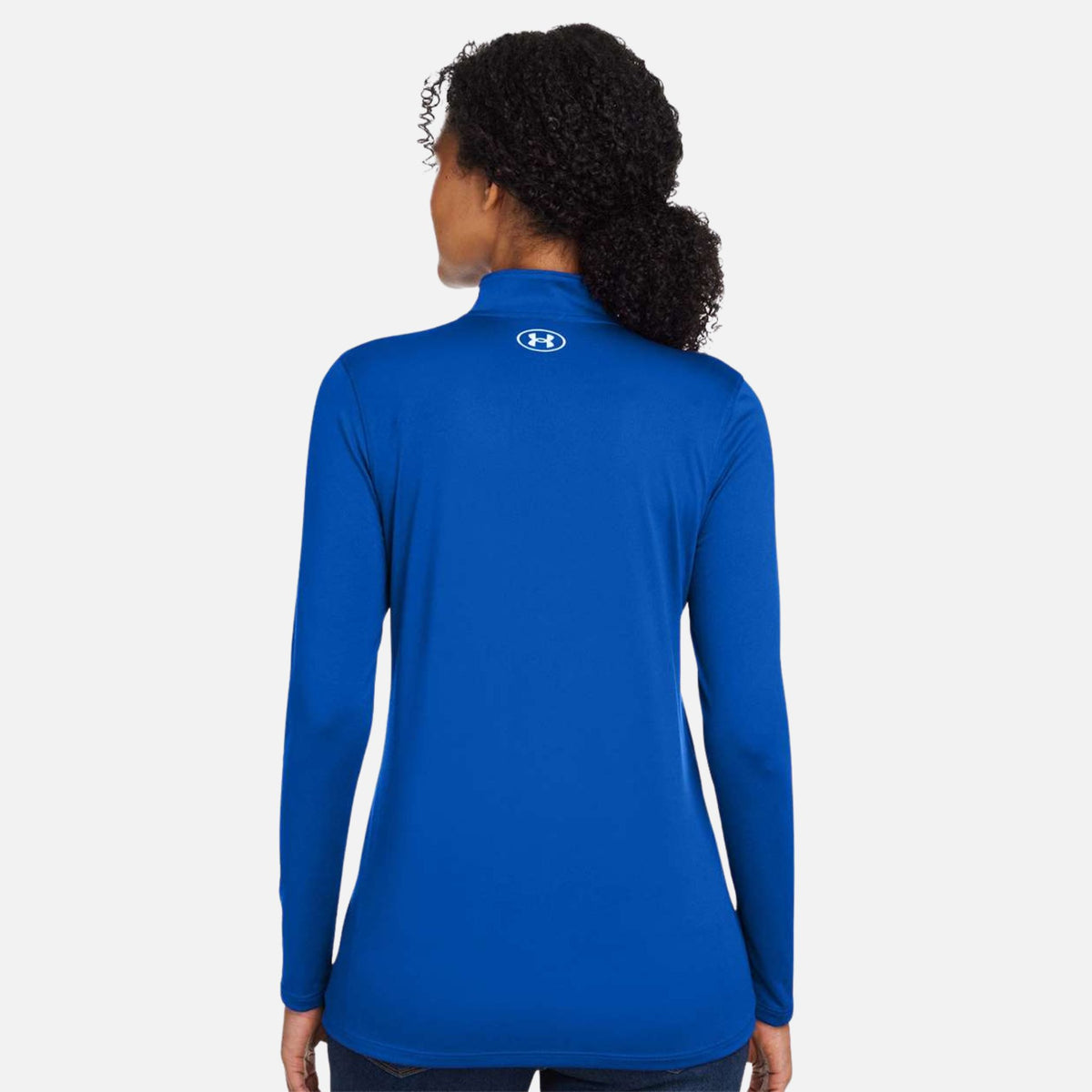 Pull demi-zip Under Armour pour homme, veste sport en tissu technique bleu royal, avec col montant et logo visible.