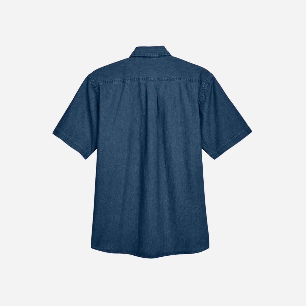 Chemise en denim pour homme à manches courtes Harriton, tissu bleu foncé, col classique, détails de boutons visibles.