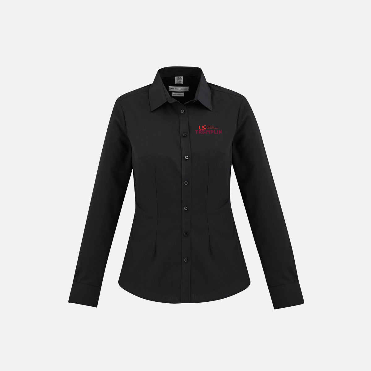 Chemise à manches longues pour femme Biz London en noir, tissu léger et élégant, vue de face sur fond blanc.