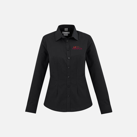 Chemise à manches longues pour femme Biz London en noir, tissu léger et élégant, vue de face sur fond blanc.