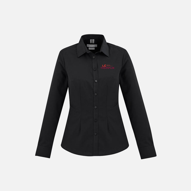 Chemise à manches longues pour femme Biz London en noir, tissu léger et élégant, vue de face sur fond blanc.