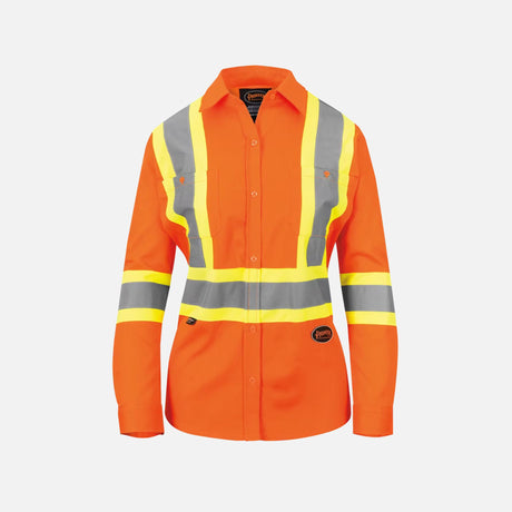 Chemise à bandes orange pour femme de sécurité Surewerx, vêtement de sécurité avec bandes réfléchissantes pour meilleure visibilité.