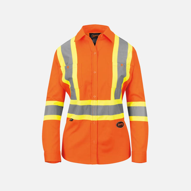 Chemise à bandes orange pour femme de sécurité Surewerx, vêtement de sécurité avec bandes réfléchissantes pour meilleure visibilité.