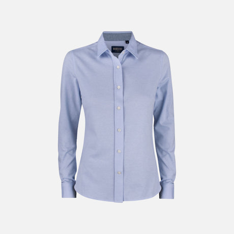 Chemise en denim à manches longues pour femme, James Harvest, couleur bleue, détails classiques et coupe ajustée.