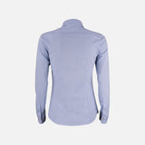 Chemise en denim à manches longues pour femme James Harvest, couleur bleue, détail de la coupe et du tissu en denim.
